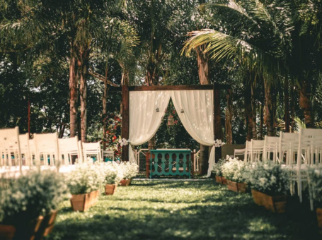 Outdoor ceremony with forest backdrop